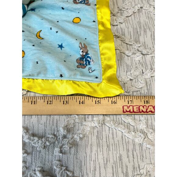 Goodnight Moon Blue Yellow Security Lovey Baby Blanket Plush Bunny Rabbit Satin - Picture 5 of 6